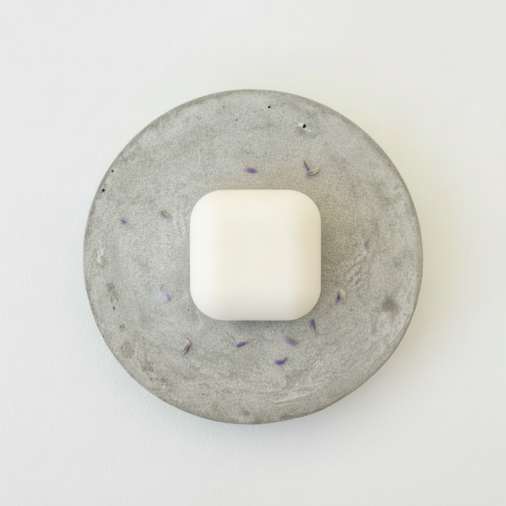 Crema corpo solida lenitiva su vassoio in cemento con fiori di lavanda essiccati