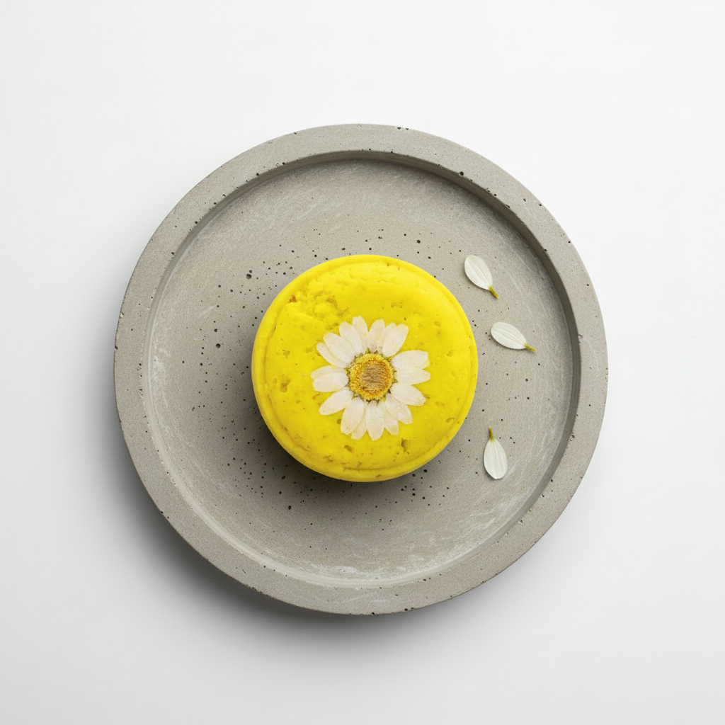 Shampoo bar giallo vista dall'alto su vassoio cemento
